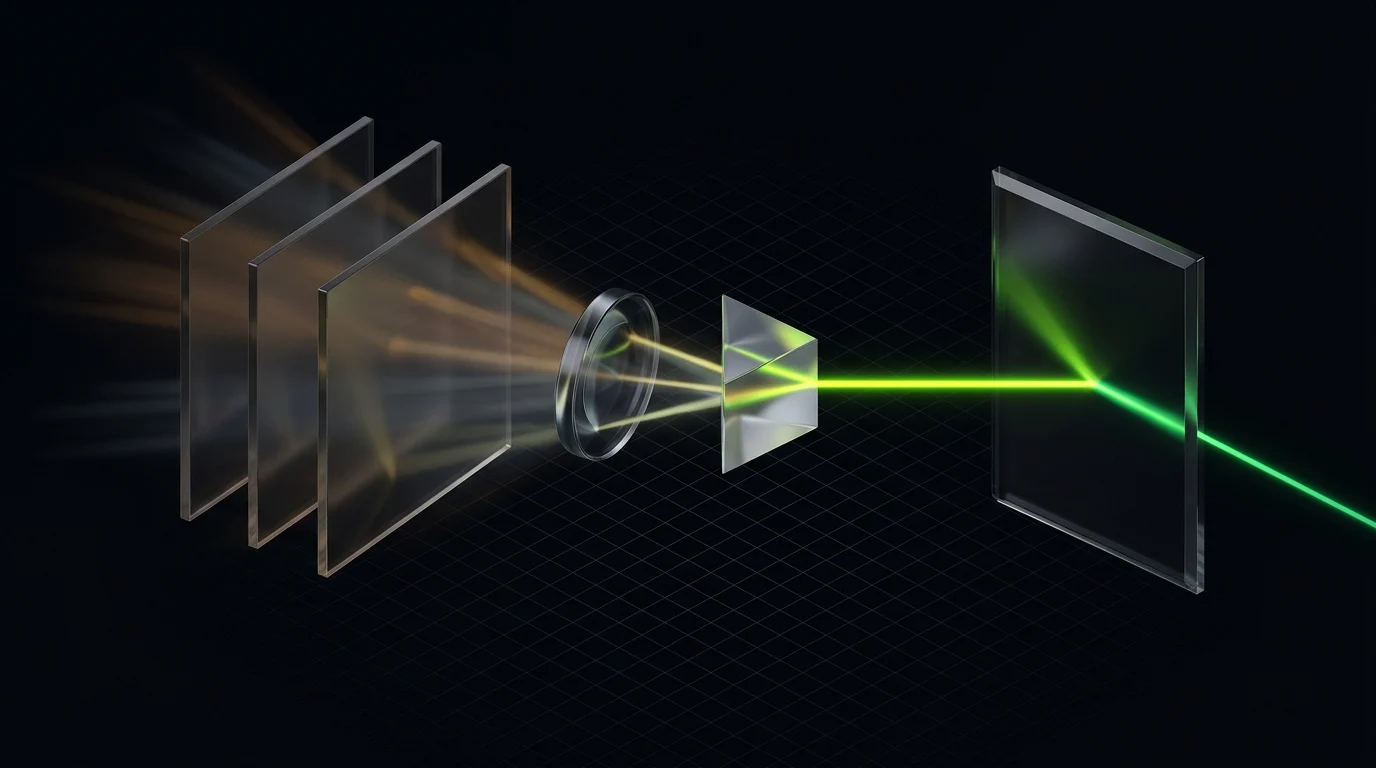 Optical lens aligning scattered amber rays into one unified electric citron and emerald beam.