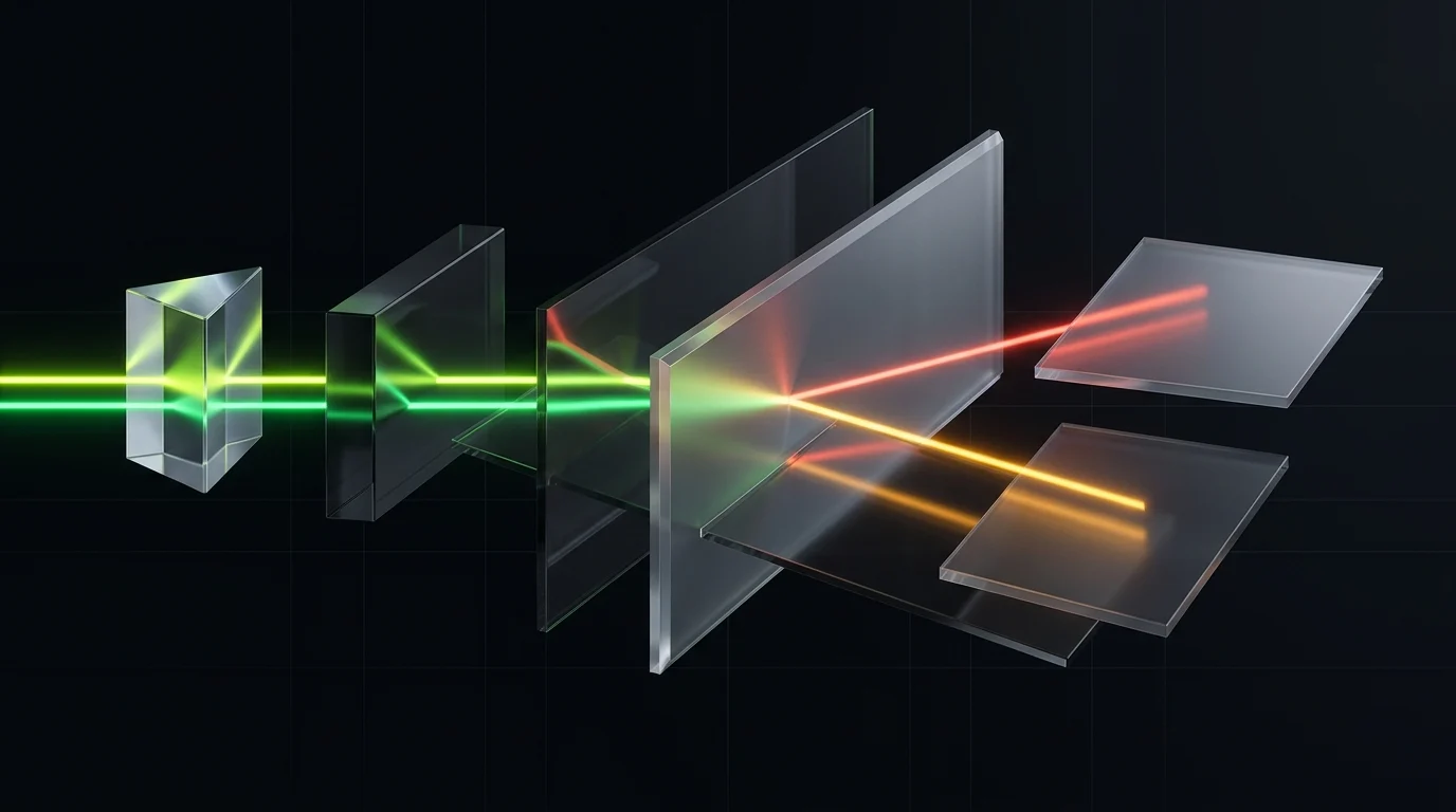 Optical prism diagram showing one canonical product truth splitting into diverging amber and red signals across secondary surfaces.